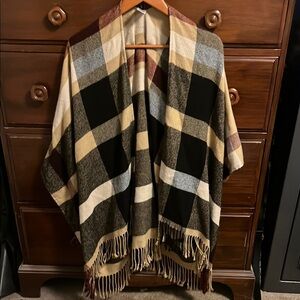 Plaid Fringe Shawl in Black and Tan